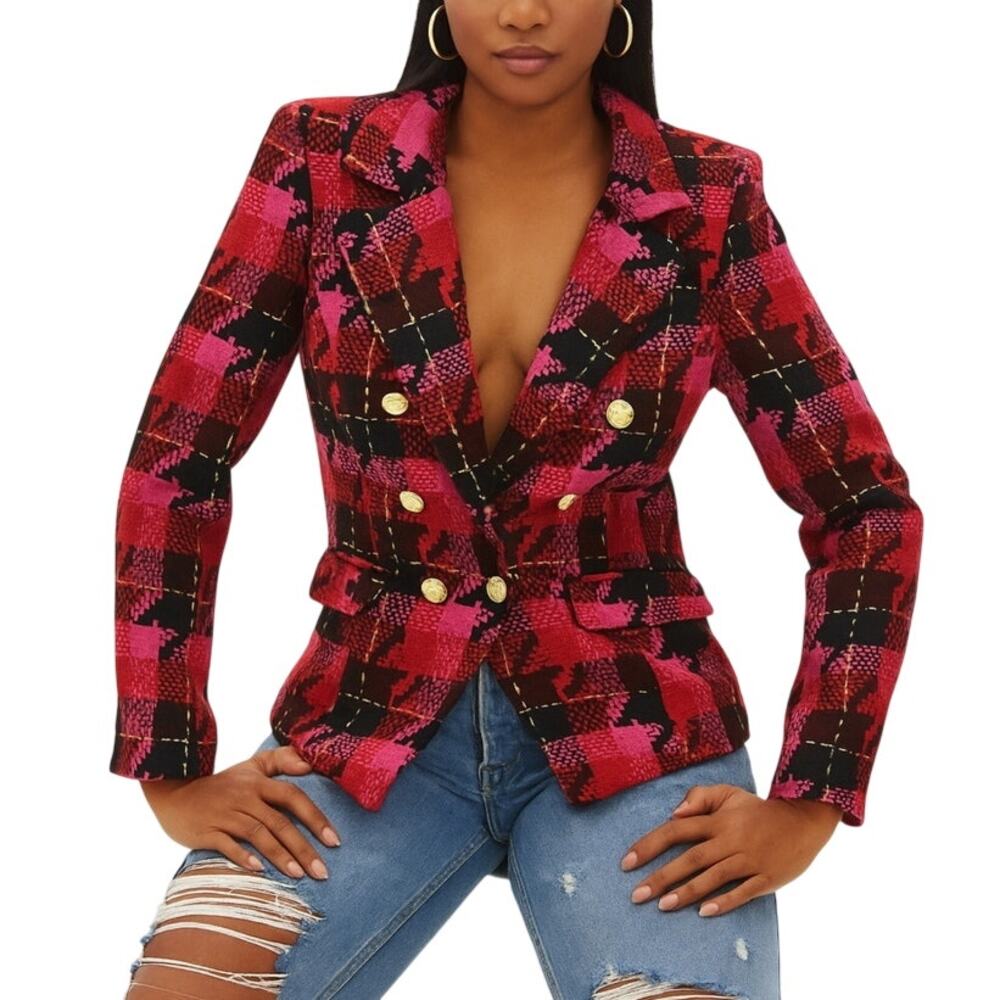 Anthropologie Exploded Plaid Tweed Blazer Medium Red Pink Gold Button Jacket